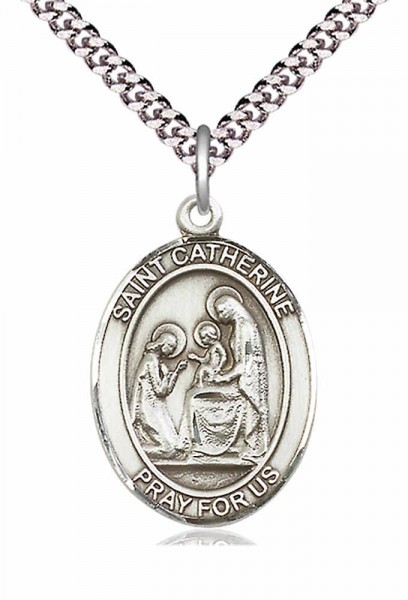 Men's Pewter Oval St. Catherine of Siena Medal - 24&quot; 2.4mm Rhodium Plate Chain + Clasp