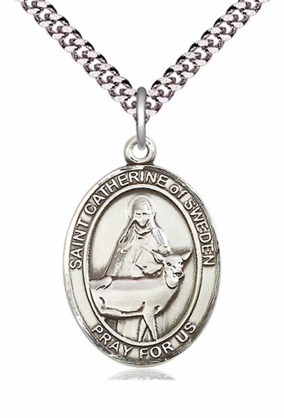 Men's Pewter Oval St. Catherine of Sweden Medal - 24&quot; 2.4mm Rhodium Plate Chain + Clasp
