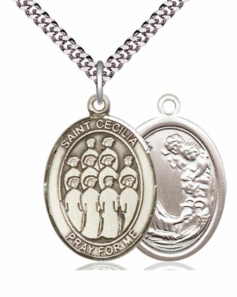 Men's Pewter Oval St. Cecilia Choir Medal - 24&quot; 2.4mm Rhodium Plate Chain + Clasp