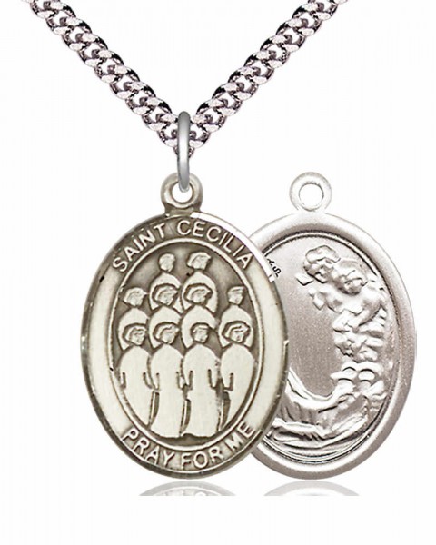 Men's Pewter Oval St. Cecilia Choir Medal - 20&quot; Rhodium Plate Chain + Clasp