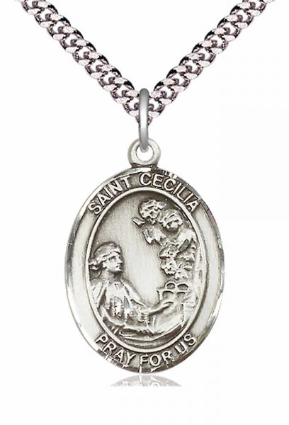 Men's Pewter Oval St. Cecilia Medal - 24&quot; 2.4mm Rhodium Plate Chain + Clasp