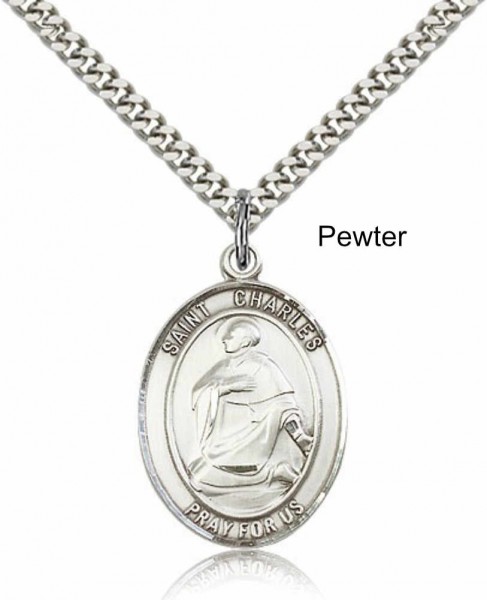Men's Pewter Oval St. Charles Borromeo Medal - 24&quot; 2.4mm Rhodium Plate Chain + Clasp