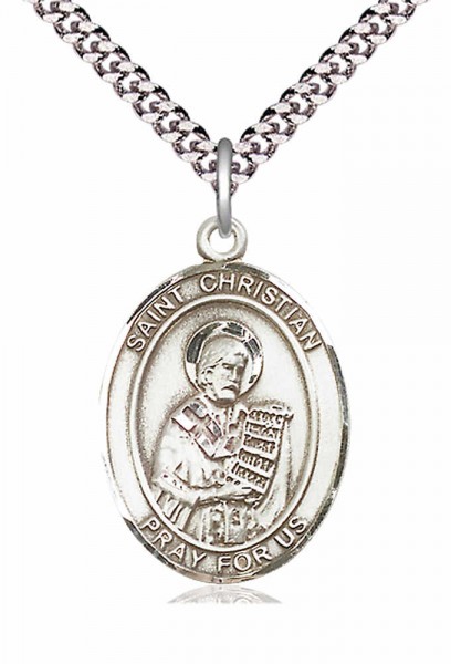 Men's Pewter Oval St. Christian Demosthenes Medal - 24&quot; 2.4mm Rhodium Plate Chain + Clasp