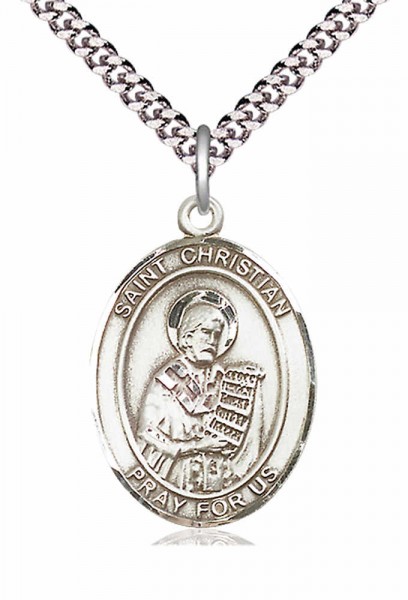 Men's Pewter Oval St. Christian Demosthenes Medal - 24&quot; 2.4mm Rhodium Plate Endless Chain