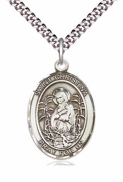 Men's Pewter Oval St. Christina the Astonishing Medal - 24&quot; 2.4mm Rhodium Plate Chain + Clasp