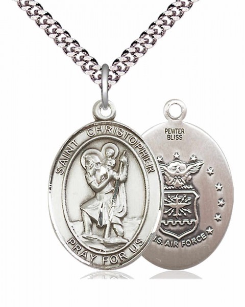 Men's Pewter Oval St. Christopher Air Force Medal - 24&quot; 2.4mm Rhodium Plate Chain + Clasp