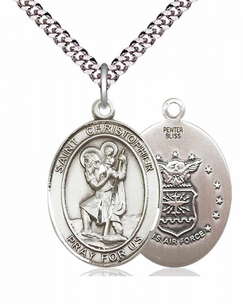 Men's Pewter Oval St. Christopher Air Force Medal - 24&quot; 2.4mm Rhodium Plate Endless Chain