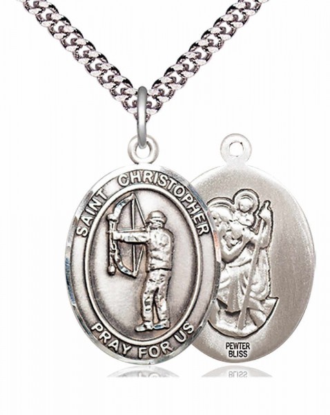 Men's Pewter Oval St. Christopher Archery Medal - 24&quot; 2.4mm Rhodium Plate Endless Chain