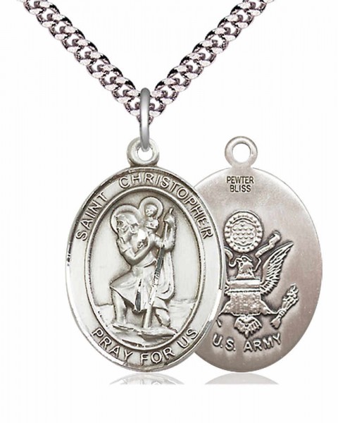 Men's Pewter Oval St. Christopher Army Medal - 24&quot; 2.4mm Rhodium Plate Chain + Clasp