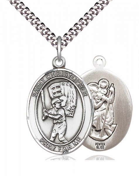 Men's Pewter Oval St. Christopher Baseball Medal - 24&quot; 2.4mm Rhodium Plate Chain + Clasp