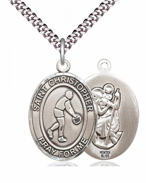 Men's Pewter Oval St. Christopher Basketball Medal - 24&quot; 2.4mm Rhodium Plate Endless Chain