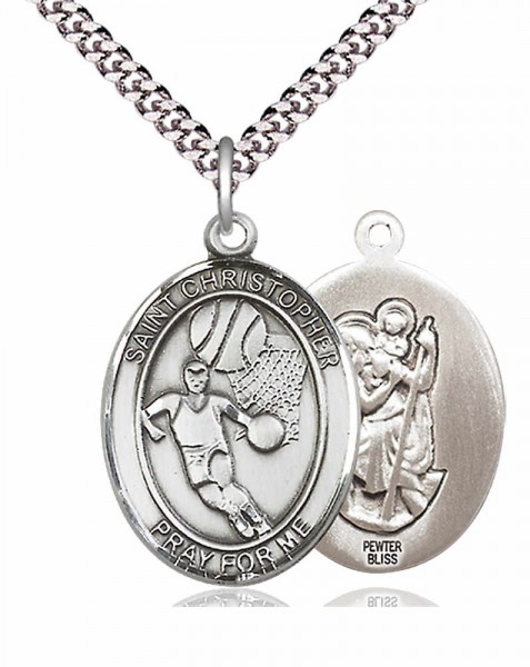 Men's Pewter Oval St. Christopher Basketball Medal - 24&quot; 2.4mm Rhodium Plate Chain + Clasp