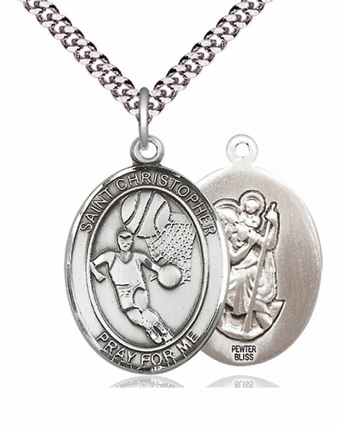 Men's Pewter Oval St. Christopher Basketball Medal - 24&quot; 2.4mm Rhodium Plate Endless Chain