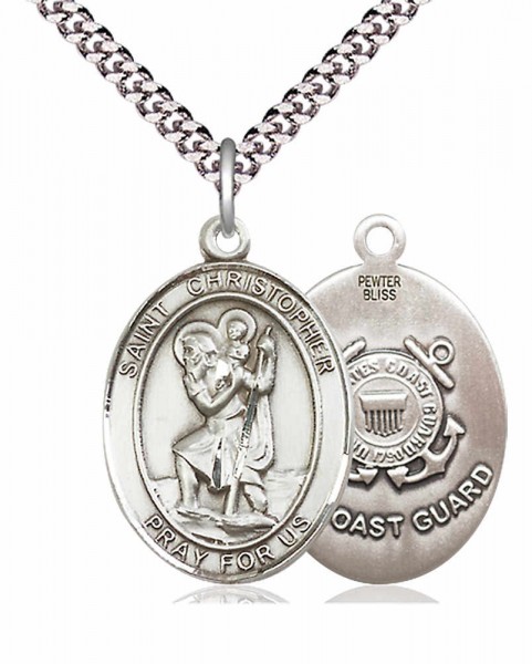 Men's Pewter Oval St. Christopher Coast Guard Medal - 24&quot; 2.4mm Rhodium Plate Chain + Clasp