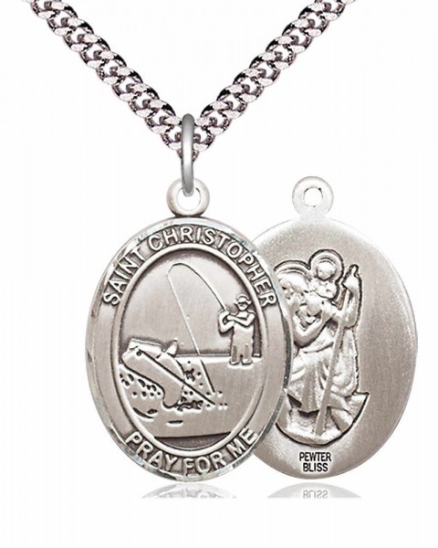 Men's Pewter Oval St. Christopher Fishing Medal - 24&quot; 2.4mm Rhodium Plate Chain + Clasp