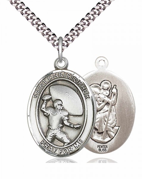 Men's Pewter Oval St. Christopher Football Medal - 24&quot; 2.4mm Rhodium Plate Chain + Clasp