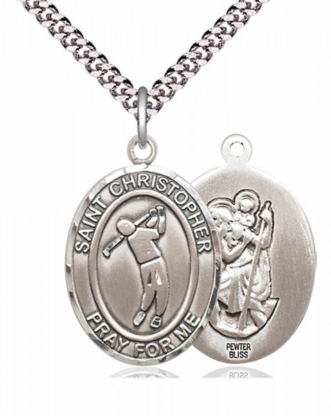 Men's Pewter Oval St. Christopher Golf Medal - 24&quot; 2.4mm Rhodium Plate Chain + Clasp