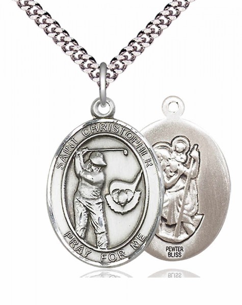 Men's Pewter Oval St. Christopher Golf Medal - 24&quot; 2.4mm Rhodium Plate Chain + Clasp