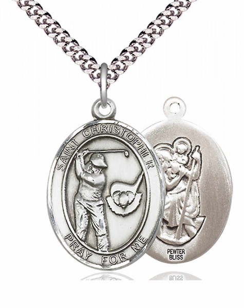 Men's Pewter Oval St. Christopher Golf Medal - 20&quot; Rhodium Plate Chain + Clasp