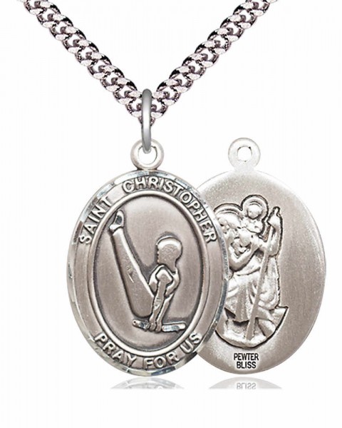 Men's Pewter Oval St. Christopher Gymnastics Medal - 24&quot; 2.4mm Rhodium Plate Chain + Clasp
