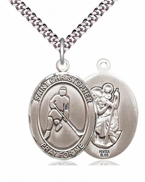 Men's Pewter Oval St. Christopher Ice Hockey Medal - 24&quot; 2.4mm Rhodium Plate Chain + Clasp