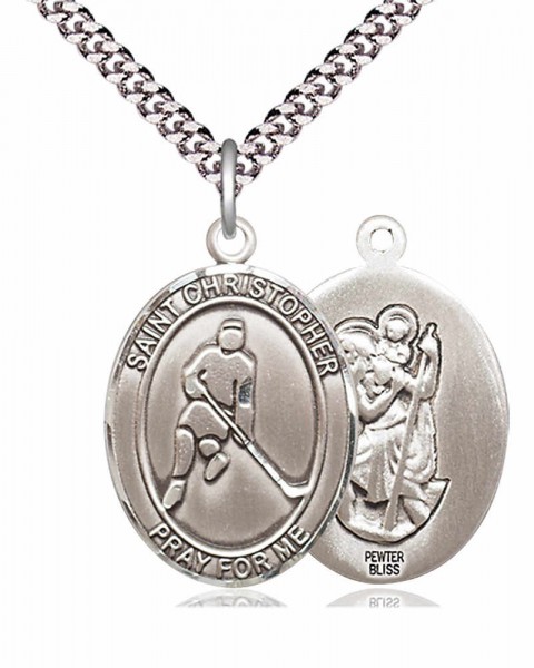 Men's Pewter Oval St. Christopher Ice Hockey Medal - 24&quot; 2.4mm Rhodium Plate Endless Chain