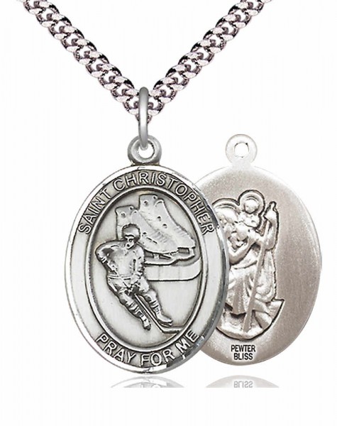 Men's Pewter Oval St. Christopher Ice Hockey Medal - 24&quot; 2.4mm Rhodium Plate Endless Chain