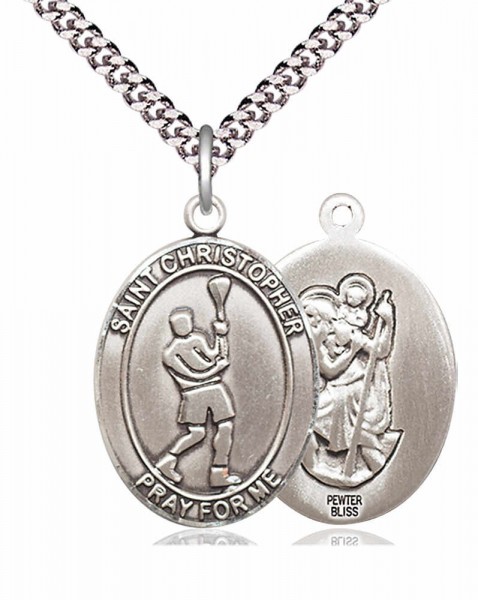 Men's Pewter Oval St. Christopher Lacrosse Medal - 24&quot; 2.4mm Rhodium Plate Chain + Clasp