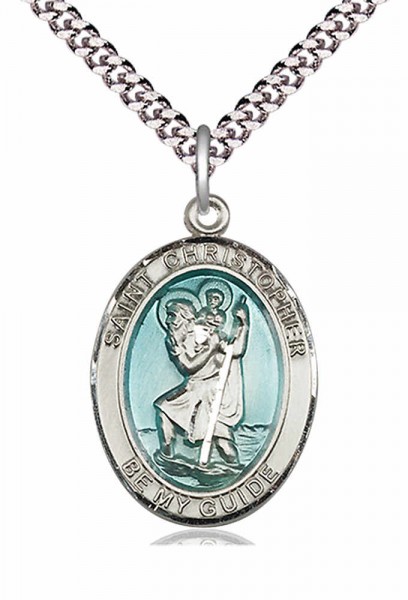 Men's Pewter Oval St. Christopher Medal with Blue Enamel - 24&quot; 2.4mm Rhodium Plate Chain + Clasp