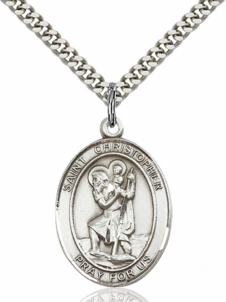 Men's Pewter Oval St. Christopher Medal - 24&quot; 2.4mm Rhodium Plate Chain + Clasp