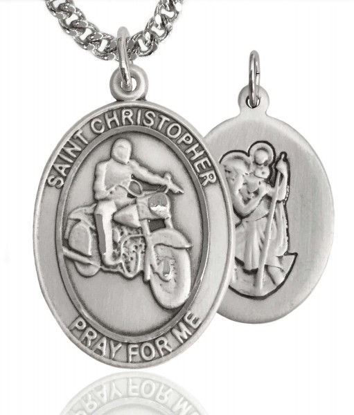 Men's Pewter Oval St. Christopher Motorcycle Medal - 24&quot; 2.4mm Rhodium Plate Chain + Clasp