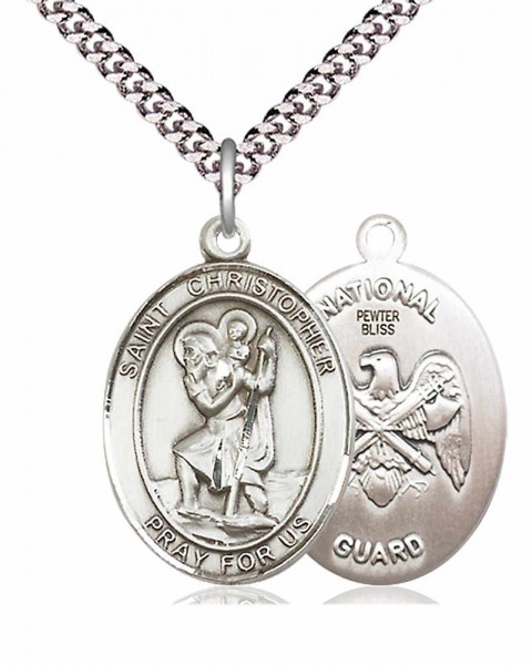 Men's Pewter Oval St. Christopher National Guard Medal - 24&quot; 2.4mm Rhodium Plate Chain + Clasp