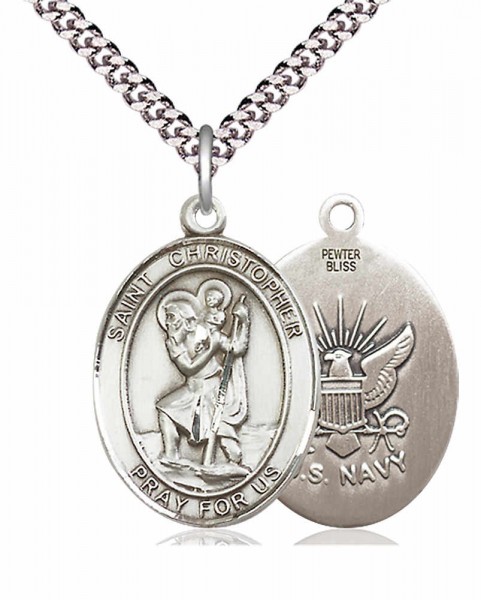Men's Pewter Oval St. Christopher Navy Medal - 24&quot; 2.4mm Rhodium Plate Chain + Clasp