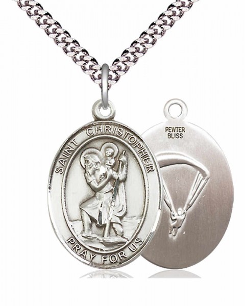 Men's Pewter Oval St. Christopher Paratrooper Medal - 24&quot; 2.4mm Rhodium Plate Endless Chain