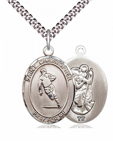 Men's Pewter Oval St. Christopher Rugby Medal - 24&quot; 2.4mm Rhodium Plate Chain + Clasp