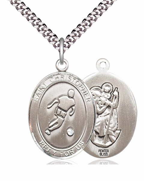 Men's Pewter Oval St. Christopher Soccer Medal - 24&quot; 2.4mm Rhodium Plate Endless Chain