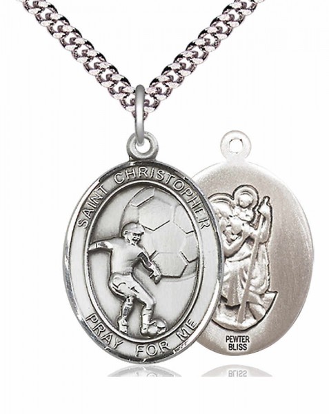 Men's Pewter Oval St. Christopher Soccer Medal - 24&quot; 2.4mm Rhodium Plate Endless Chain