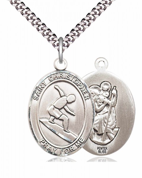 Men's Pewter Oval St. Christopher Surfing Medal - 24&quot; 2.4mm Rhodium Plate Chain + Clasp