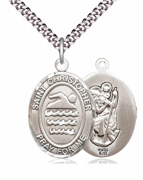Men's Pewter Oval St. Christopher Swimming Medal - 24&quot; 2.4mm Rhodium Plate Chain + Clasp