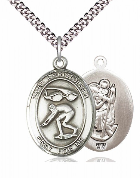 Men's Pewter Oval St. Christopher Swimming Medal - 24&quot; 2.4mm Rhodium Plate Chain + Clasp