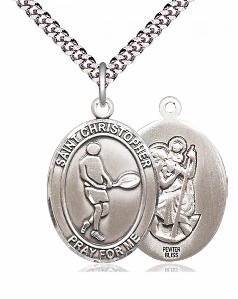 Men's Pewter Oval St. Christopher Tennis Medal - 24&quot; 2.4mm Rhodium Plate Endless Chain