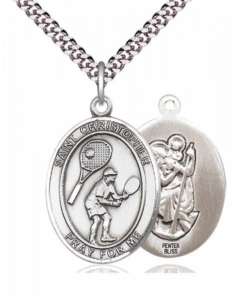 Men's Pewter Oval St. Christopher Tennis Medal - 24&quot; 2.4mm Rhodium Plate Chain + Clasp