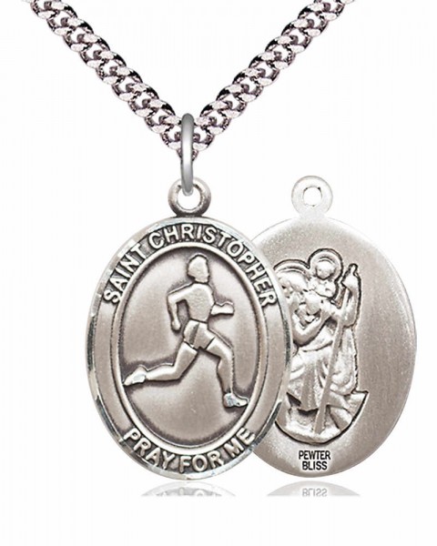 Men's Pewter Oval St. Christopher Track and Field Medal - 24&quot; 2.4mm Rhodium Plate Endless Chain