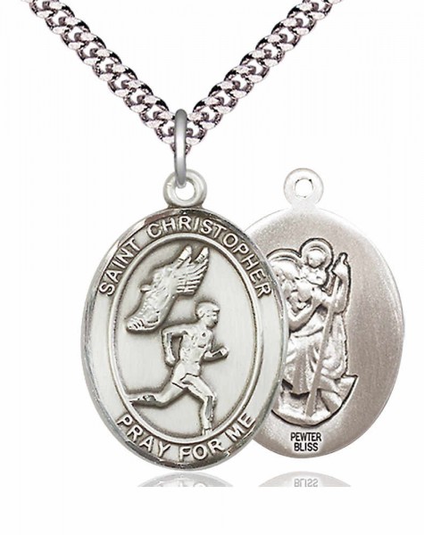 Men's Pewter Oval St. Christopher Track and Field Medal - 24&quot; 2.4mm Rhodium Plate Chain + Clasp
