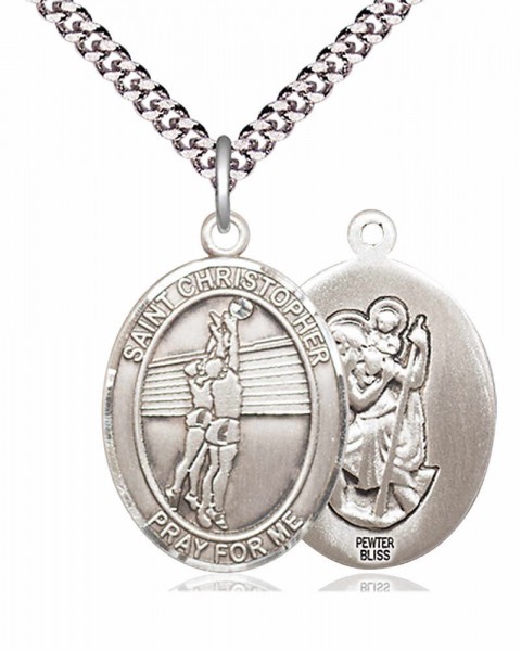 Men's Pewter Oval St. Christopher Volleyball Medal - 24&quot; 2.4mm Rhodium Plate Chain + Clasp
