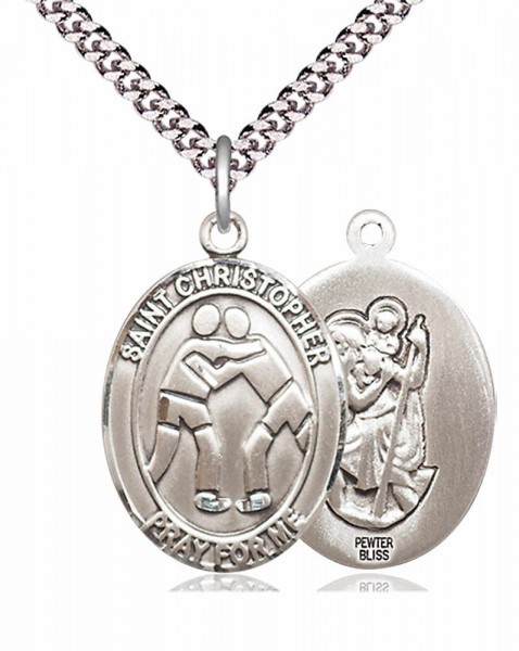 Men's Pewter Oval St. Christopher Wrestling Medal - 24&quot; 2.4mm Rhodium Plate Endless Chain