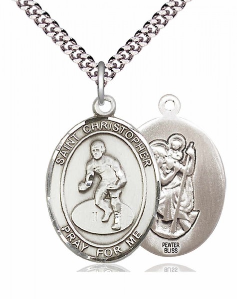 Men's Pewter Oval St. Christopher Wrestling Medal - 24&quot; 2.4mm Rhodium Plate Chain + Clasp