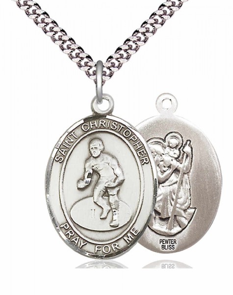 Men's Pewter Oval St. Christopher Wrestling Medal - 20&quot; Rhodium Plate Chain + Clasp
