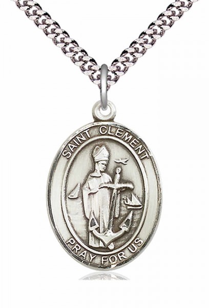 Men's Pewter Oval St. Clement Medal - 24&quot; 2.4mm Rhodium Plate Chain + Clasp