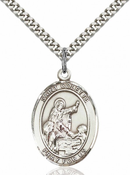 Men's Pewter Oval St. Colette Medal - 20&quot; Rhodium Plate Chain + Clasp